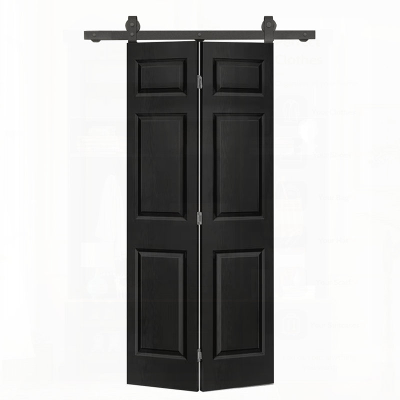 Porte de grange pliante en bois aggloméré à 6 panneaux avec panneau de quincaillerie coulissant en bois aggloméré à 6 panneaux, parfaite pour un design moderne et peu encombrant
