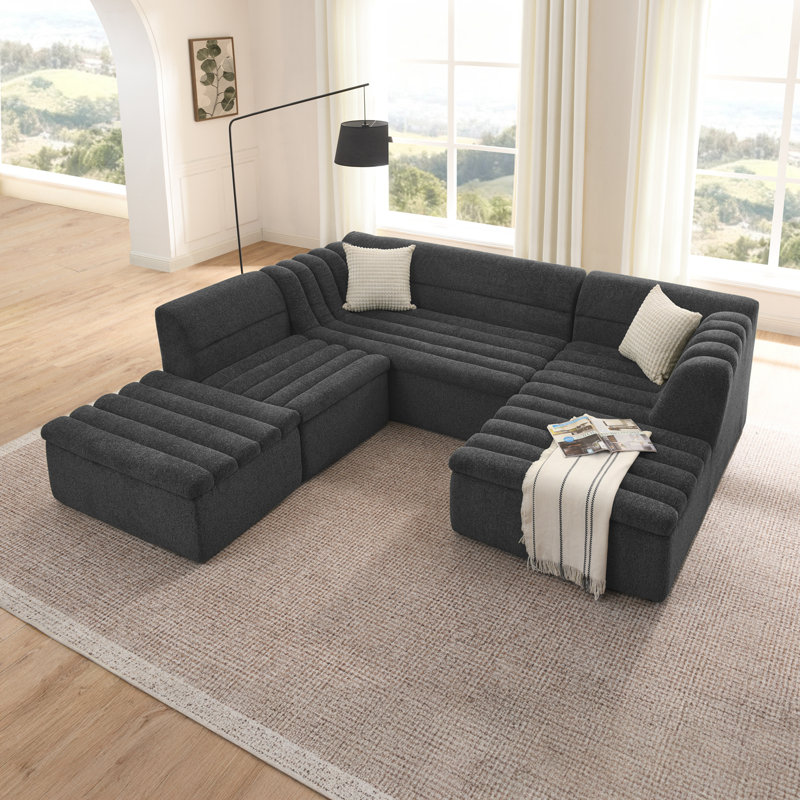U-Shaped Modular Sectional Sofa with Wave-Shaped Armrest and Movable Ottoman, Black