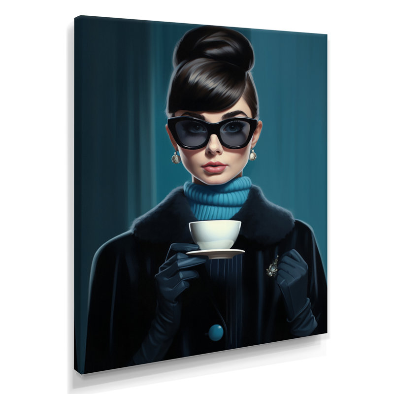 Élégante dame avec une tasse de thé - femme, art mural, Toile tendue, H 40 po x l 30 po