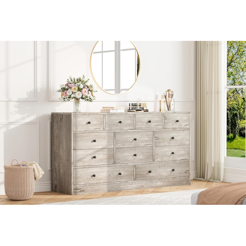12 Drawer Dressers, Chests Of Drawers, 61'' Wood Storage Drawer Dresser With Power Outlet, Gray