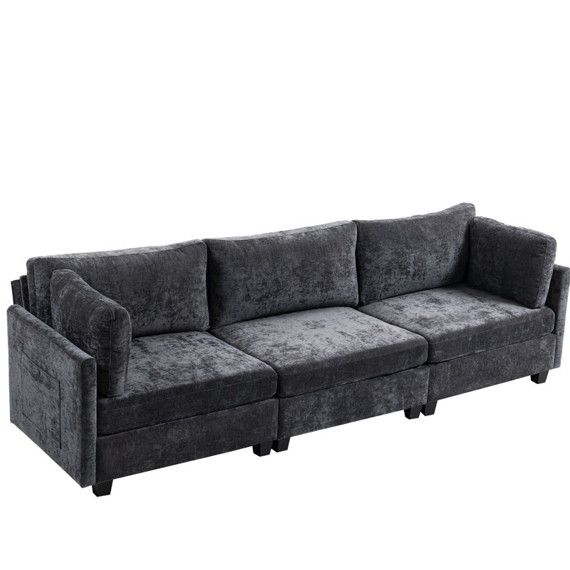 Canapé en chenille 110,41 x 31,65 po 3 - Coussins et structure en tissu, Gris foncé