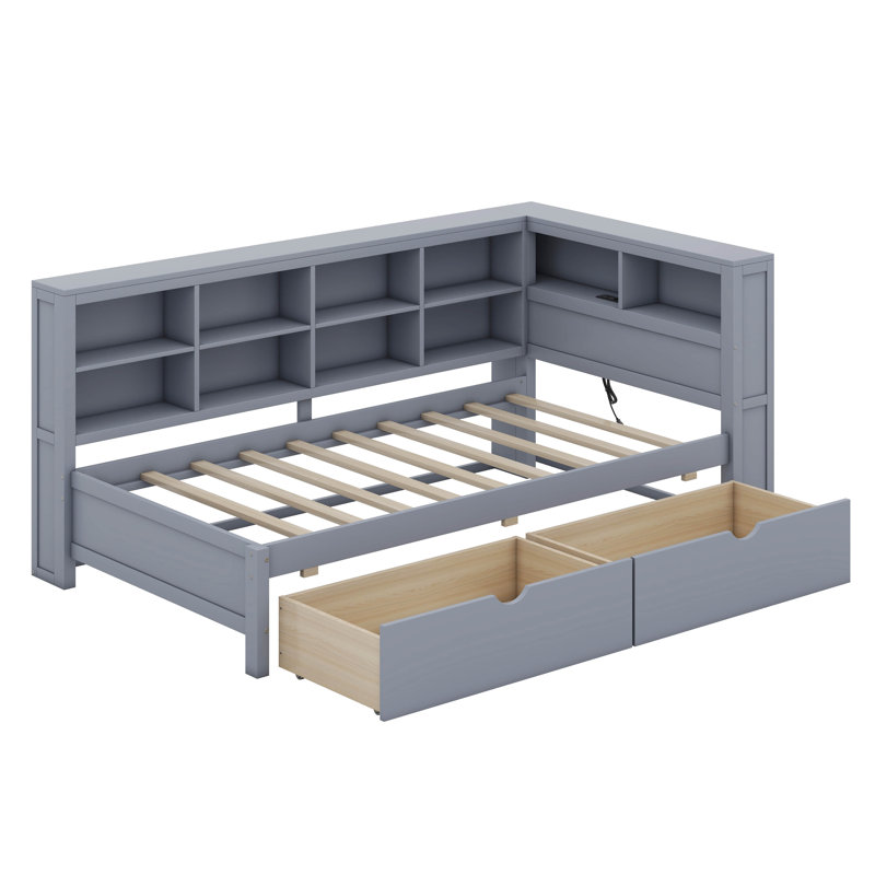 Wooden DayBed with 2 Drawers, Shelf and USB Charging Ports, Gray, Twin