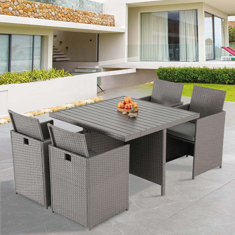 The Patio 43" Square Dining Set with Waterproof Rattan Frame & 4 Dining Chair & Aluminum Table(5 Pcs Set)