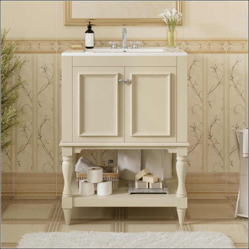 Meuble-lavabo moderne de luxe avec lavabo en céramique, armoire de salle de bain avec tablette ouverte et rangement fermé (robinet non inclus)