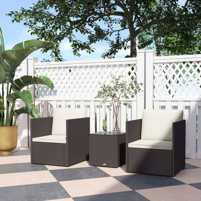 3 Piece Patio Furniture Set, Folding Outdoor Wicker Bistro Set With Cushions And Glass Coffee Table, Easy Assembly For Porch, Balcony