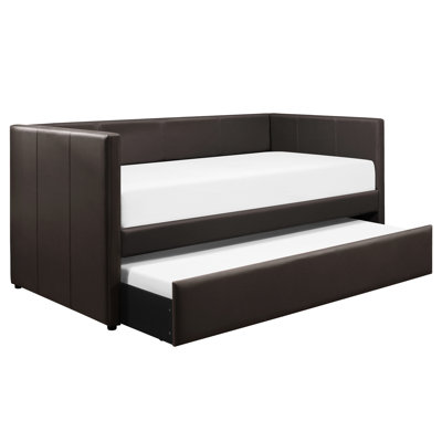 Contemporary Wood Daybed With Brown Faux Leather And Attractive Trundle Show Stylish Captivating Option