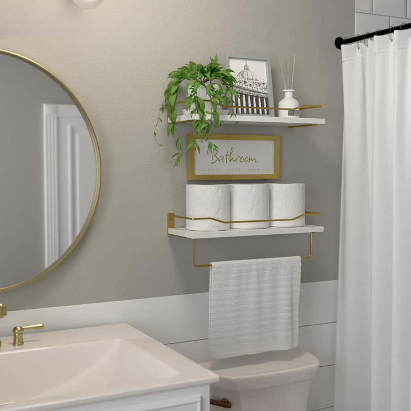Tablettes flottantes avec décoration murale, Blanc / doré