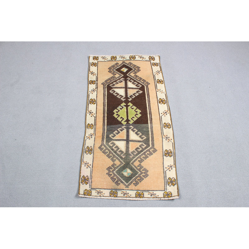 Authentic Turkish Rug Wall Hanging and Kitchen Rugs in Vibrant Vintage Design and Brown Tone