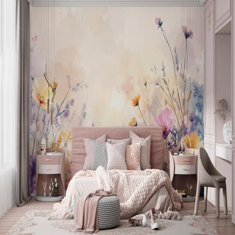 Murale aquarelle fleurs sauvages, L 96 po x l 108 po