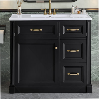 Meuble-lavabo de salle de bain avec lavabo, armoire avec tiroirs, porte à fermeture en douceur, tablette réglable et lavabo en céramique pour l'organisation de la salle de bain