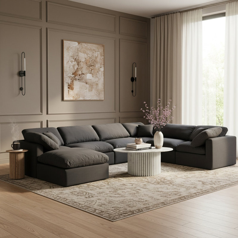 Canapé modulaire rembourré 7 pièces Hinami, Tissu texturé en lin noir