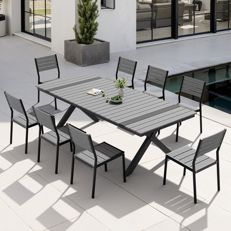 8 - Person 90.3‘’ W X 40.5'' D Aluminum Patio Dining Set With Umbrella Hole And Stackable Chairs, Dark Gray