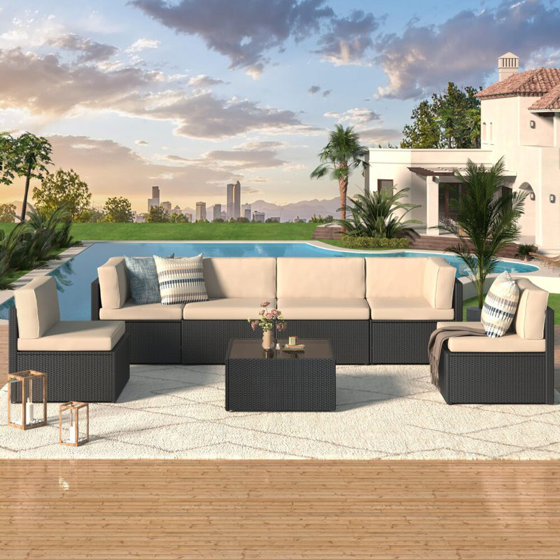Emilienne PE Wicker 6-Person Patio Conversation Set, Black, Beige