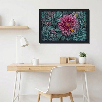 «Dahlia rose entouré de fleurs et de feuilles sarcelle», art mural