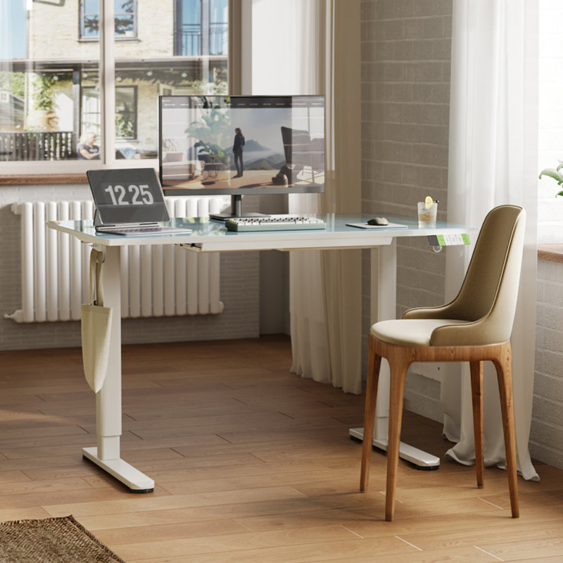 Bureau debout en verre trempé avec tiroir et crochets Omeed Home Office, H 46,4 po x l 48 po x P 24 po, Bleu / blanc
