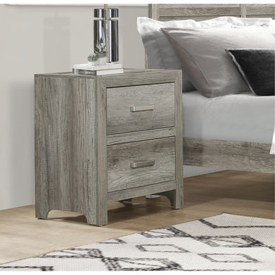 Table de chevet grise avec placage en faux bois, 2 tiroirs, placage décoratif nickel satiné pour la chambre à coucher, vieilli