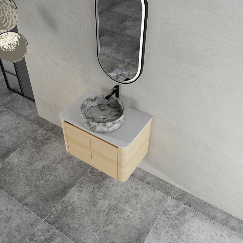 Meuble-lavabo mural 30 po avec lavabo d'art en céramique et 2 portes à fermeture en douceur, Chêne