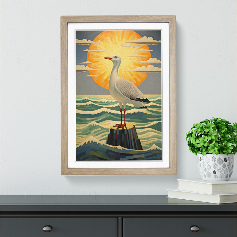 Seagull Art Deco No.2 - Single Picture Frame Print on Wood, Oak, 64cm H x 46cm W x 2cm D