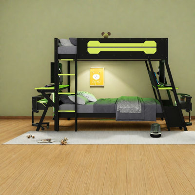Space-saving Twin Bunk Beds, Wood Frame With Gaming Desks, Ideal For Gamers