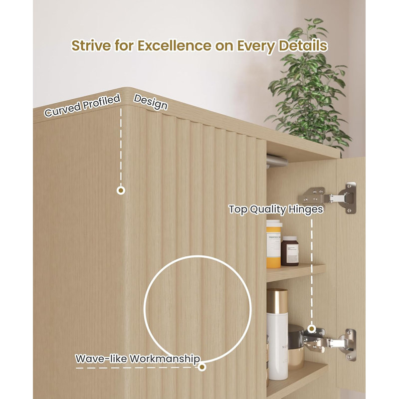 Fluted Bathroom Wall Cabinet with Motion Sensor Light, Curved Profile Wooden Medicine Cabinet, Natural