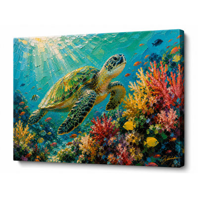 Colorful Sea Turtle Reef Wrapped Canvas Wall Art, Tropical Coastal Decor