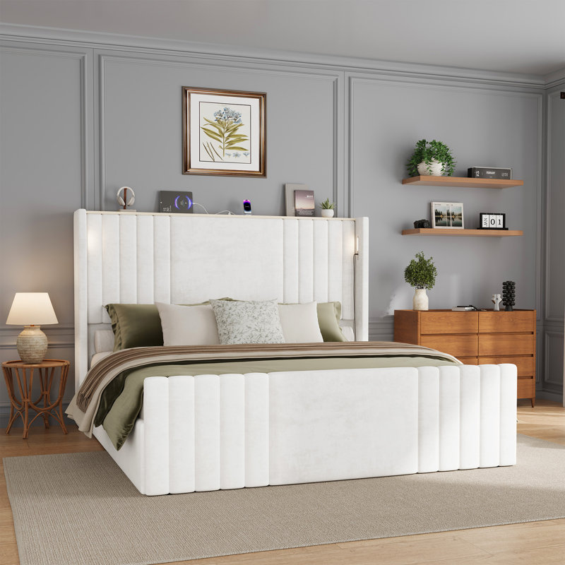 Velvet Upholstered Wingback Platform Bed, White, Queen