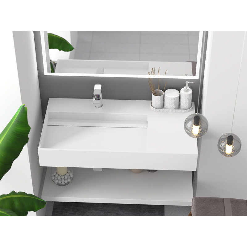 Juniper 36" Rectangular Wall Mounted Bathroom Sink with Left Basin and Counter Space - White, With Faucet Hole, Single, White