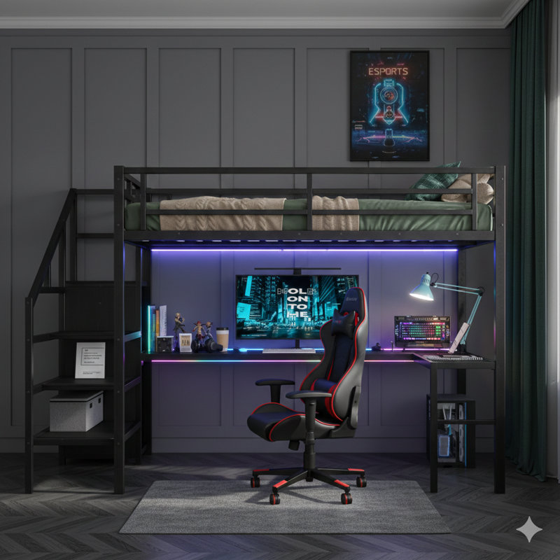 Lit mezzanine double en métal noir avec bureau en L, ports USB, garde-robe, tablettes réglables et éclairage à DEL intégré pour tous les âges