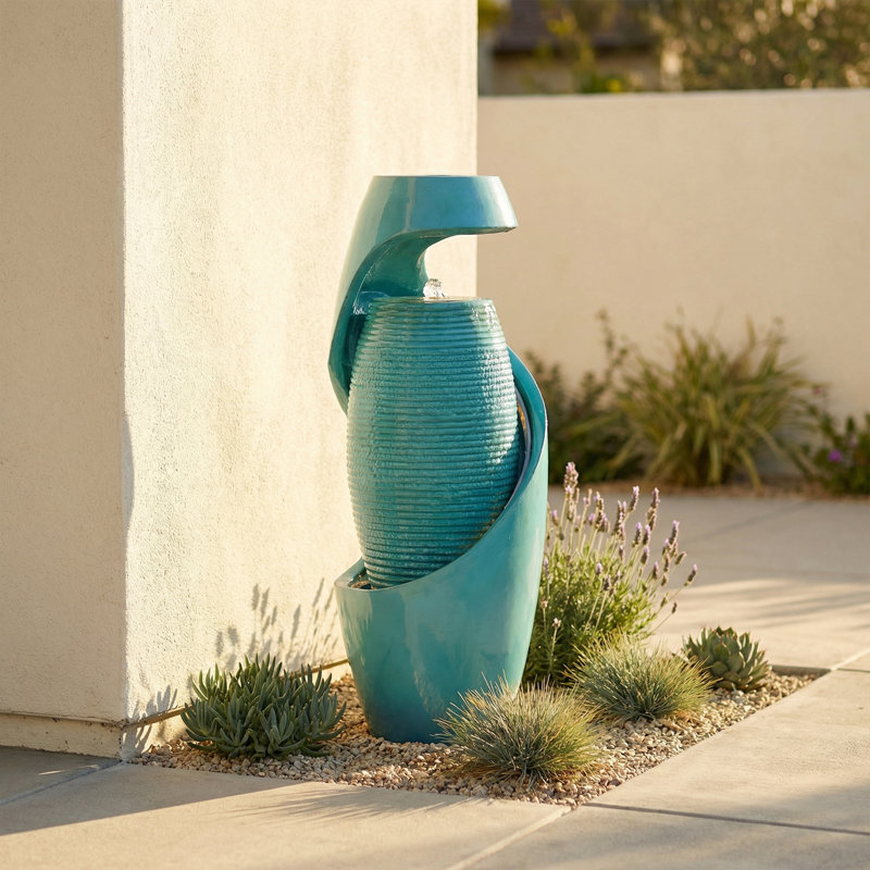 Modern Resin Cascading Water Fountain with LED Lights, 29.5" Tall Freestanding Water Feature for Living Room & Patio Decor