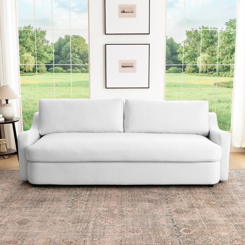 90" Greyish White Down Feather Linen Upholstered Deep Sofa with Reversible Cushions