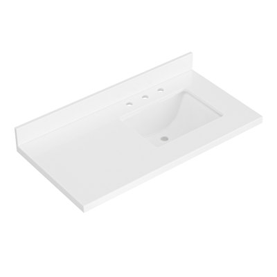 ARIEL 43 INCH PURE WHITE QUARTZ BATHROOM VANITY COUNTERTOP 1.5 INCH THICK MITER EDGE WITH RIGHT OFFSET RECTANGLE SINGLE SINK AND INCLUDES BACKSPLASH
