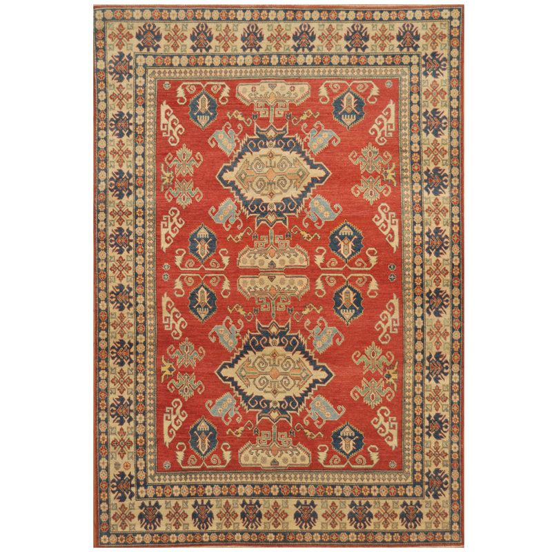 Tapis de zone en laine rouge/ivoire 7 pi 7 po x 11 pi 4 po one-of-kind à la main noué la kazak Dhillon