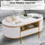 Table basse cannelée moderne, table basse ovale moderne de 48 po avec tiroir, plateau en faux marbre, table centrale à profil courbé avec rangement, décor en métal doré, table centrale de salon, blanc