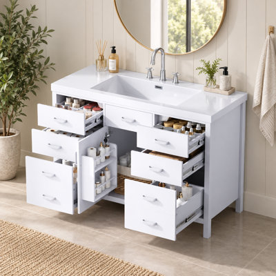 Meuble-lavabo de salle de bain de 120 cm (47,23 po) avec lavabo en résine, porte à fermeture amortie, 6 tiroirs, blanc