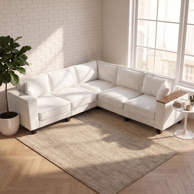 Corduroy L-Shaped Sectional Sofa with Armrest Storage and Deep Seating
