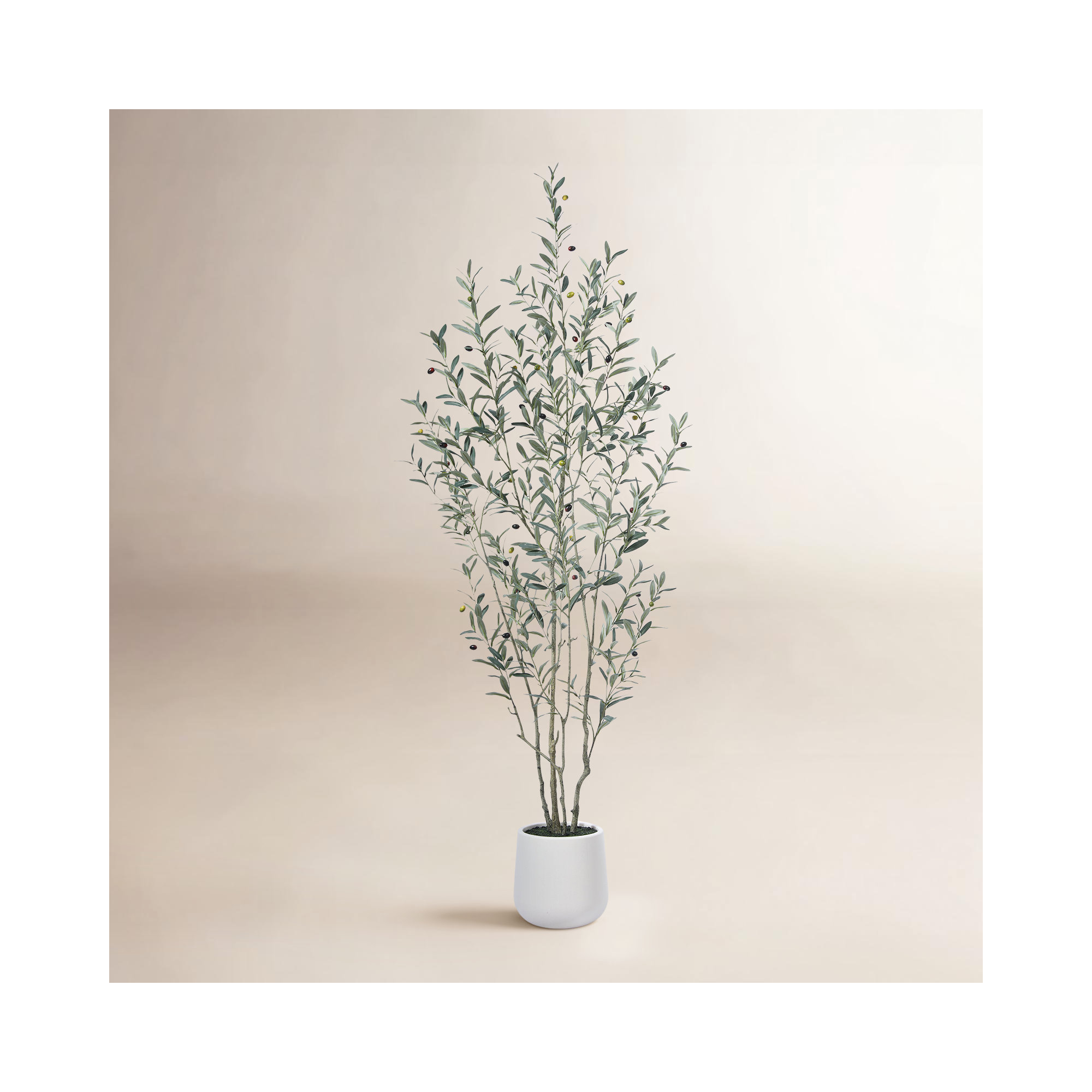 George Fake Plastic Olive Tree with Oval White Planter, Pre Potted Faux Greenry Plant for Home Decor, 84" H x 28" W x 28" D