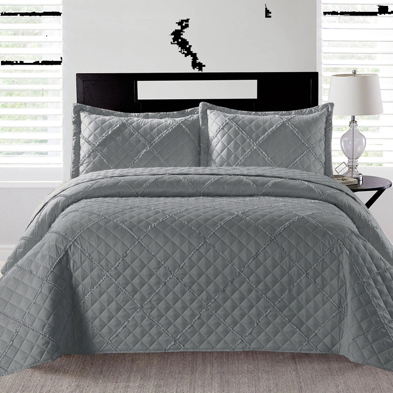 Microfiber / Polyester Bedspread with Pillow Shams, Grey,  Double Bedspread + 2 Standard Shams