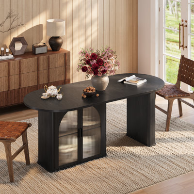 70.8'' Oval Dining Tablefor 6-8 People, with Double-Tier Storage Cabinet & LED Lights, Wood Strip Base Kitchen Dining Table