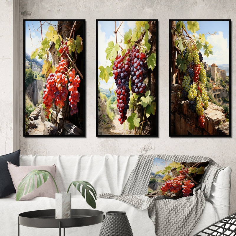 «Pink Vineyard Ancien Sagesse», 3 pièces sur toile, Cadre noir, H 40 po x l 60 po