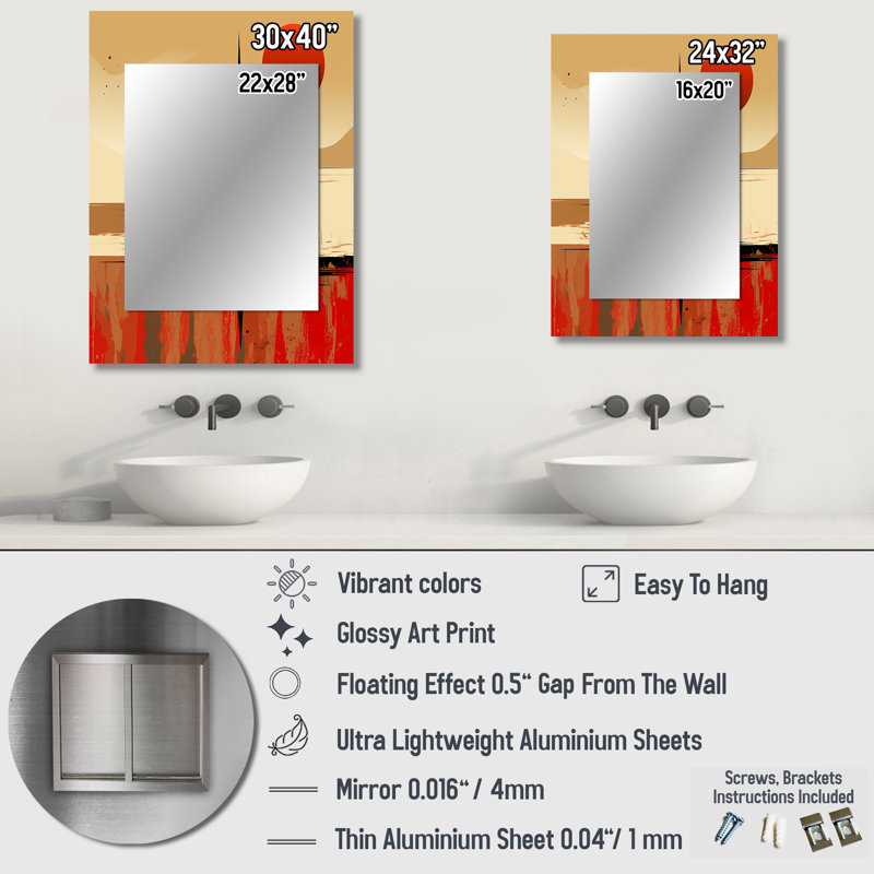 Time Capsule Vintage Illustration I - miroir mural géométrique unique, miroir rouge, impression sur métal, 32 po x 24 po