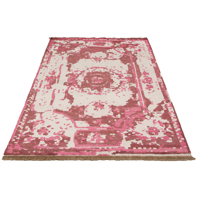 Tapis unique en viscose noué à la main des années 2010 de 5 pi 6 po x 7 pi 6 po crème Finnan