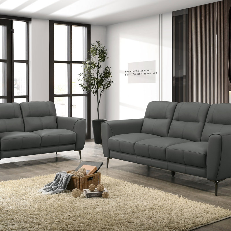 Anthracite Gray Top Grain Leather 2Pc Sofa Set Sofa And Loveseat Contemporary Living Room Furniture Full Leather Couch