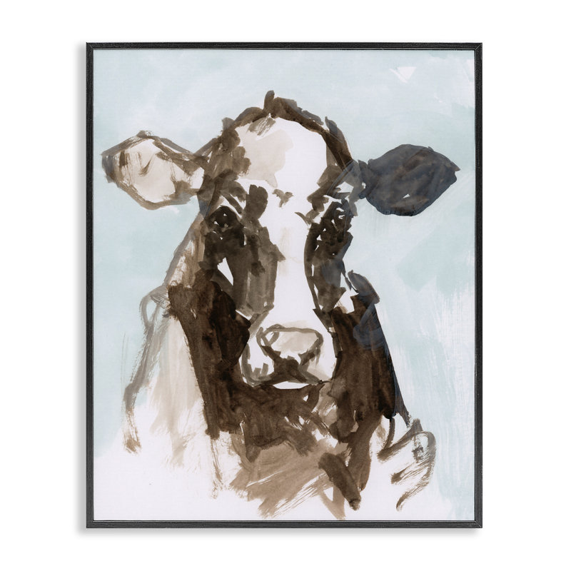 Vache abstraite sur estampe bleue encadrée, design par Casa Cartissi, H 14 po x l 11 po, Giclée encadrée noir minuit