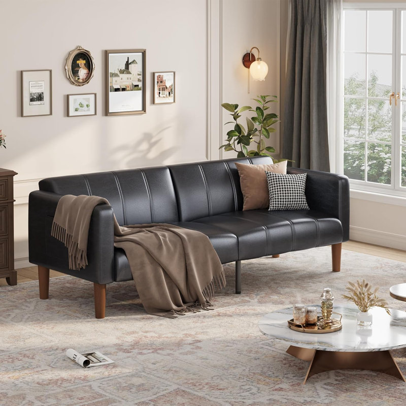 Canapé-lit futon de 75 po, canapé-lit convertible, petit canapé en similicuir, causeuse, canapé moderne de style Mid-Century pour le salon, la chambre à coucher, noir