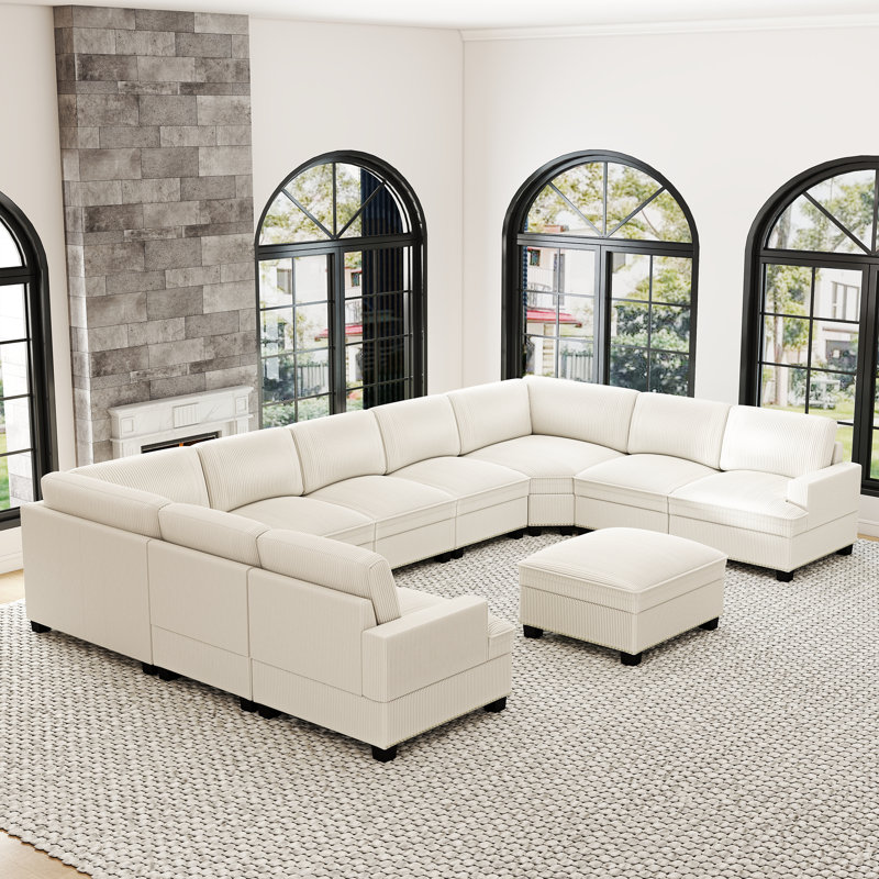 Spacious 10-Piece U-Shaped Corduroy Nailhead-Trimmed Sectional Sofa, Cloud Couch With Ottoman, Beige Corduroy