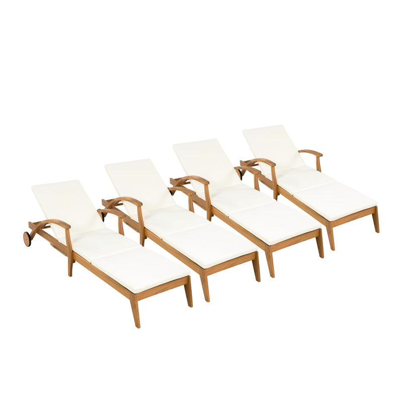 Chaise longue à roulettes pour l'extérieur en bois, coussin blanc de 2 pouces, support de 800 lb, conception peu encombrante de couleur crème réglable à 4 positions, finition résistante aux intempéries