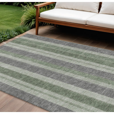 9' X 12' Green And Gray Striped Washable Indoor Outdoor Area Rug