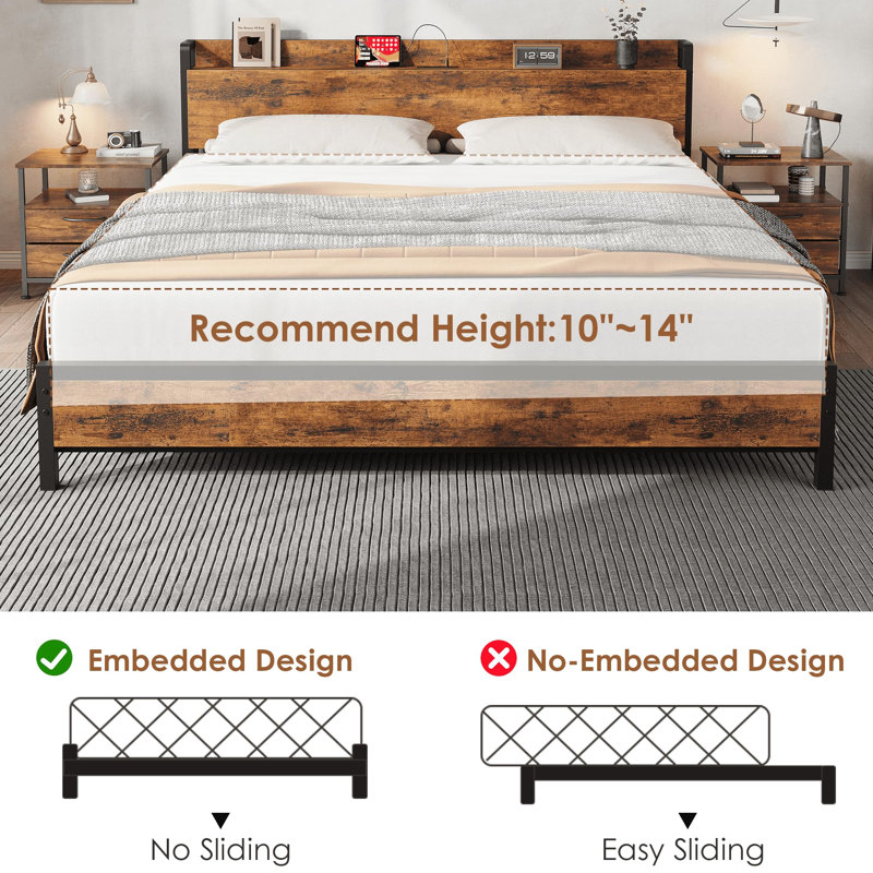Très grande base de lit - tête de lit, tête et pied de lit en bois - charge intégrée (2 USB, 2 AC) - plateforme en métal robuste, sans sommier - facile à assembler, couleur classique