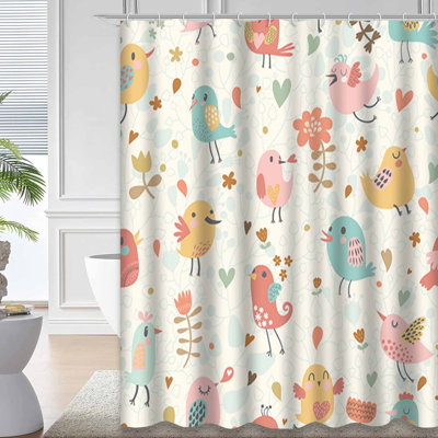 Cute Seamless Small Birds Flowers Cream Shower Curtain with 12 Hooks