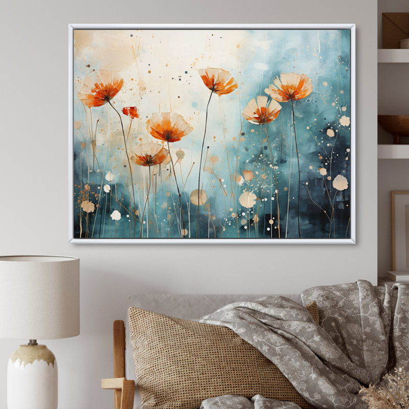 «Blue Dandelion Floral Symphony I», reproduction sur toile, H 24 po x l 32 po x P 1 po, Cadre flottant blanc